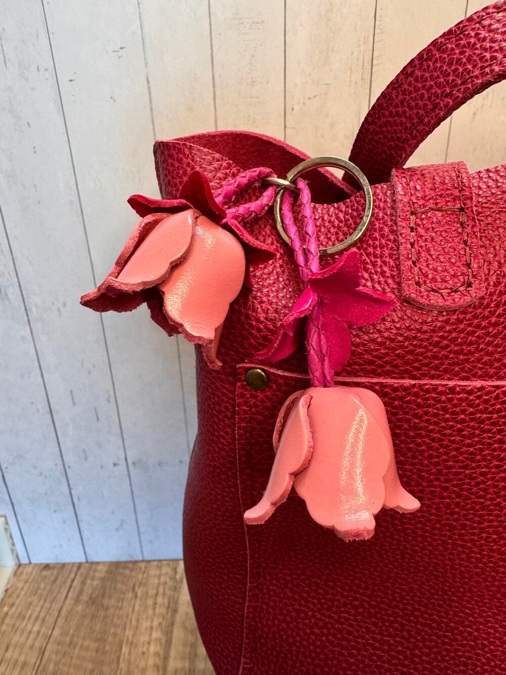 Pink Tulip Bag Charm Genuine Leather Flower Bag Pink Leather Purse Charm NEW!